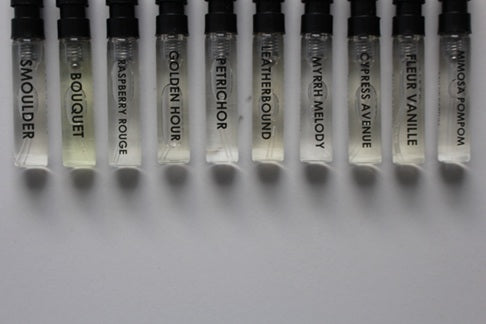 Ten vials in a row overhead close-up.