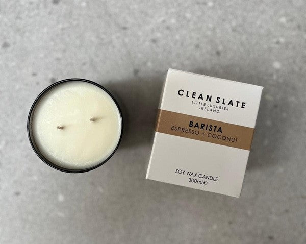 Barista espresso + coconut candle in a dark glass jar with box.