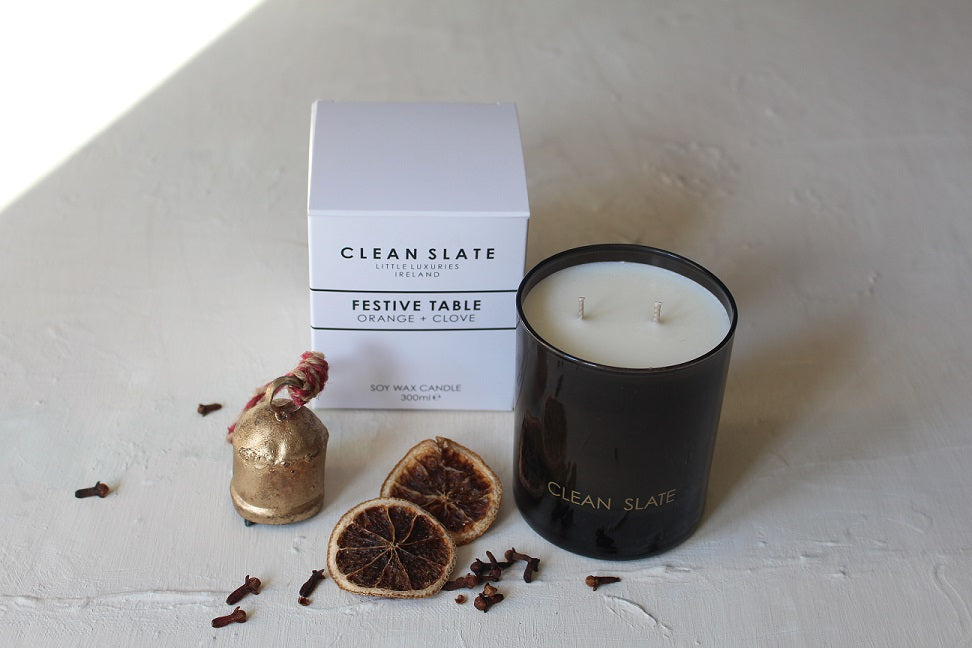 Festive Table Orange + Clove Moody Collection Candle with box.