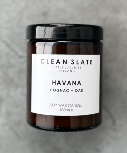 Havana Cognac and Oak Candle in an  Amber glass jar.