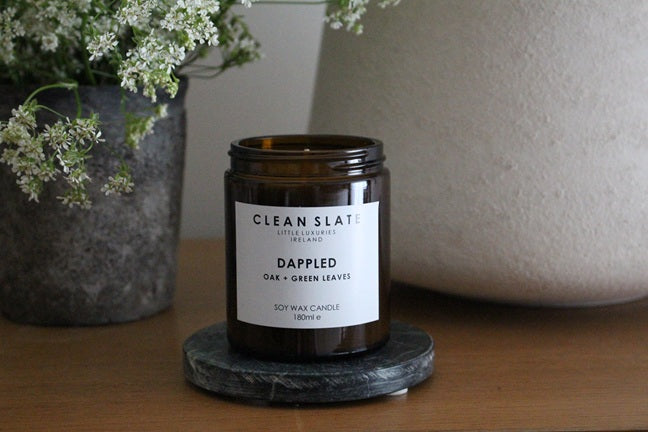 Dappled Oak + Green Leaves Amber Candle.