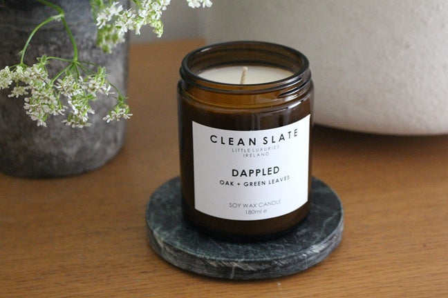 Dappled Oak + Green Leaves Amber Candle.