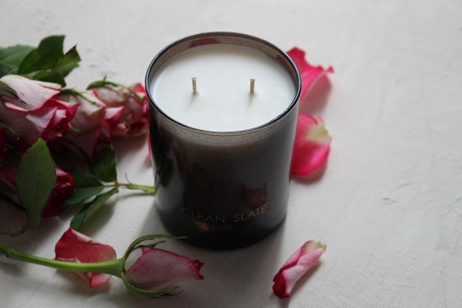 Love Letter Rose + Sandalwood Candle, styled.