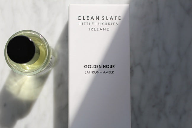 Close-up of Golden Hour Eau De Parfum 50ML bottle with box.